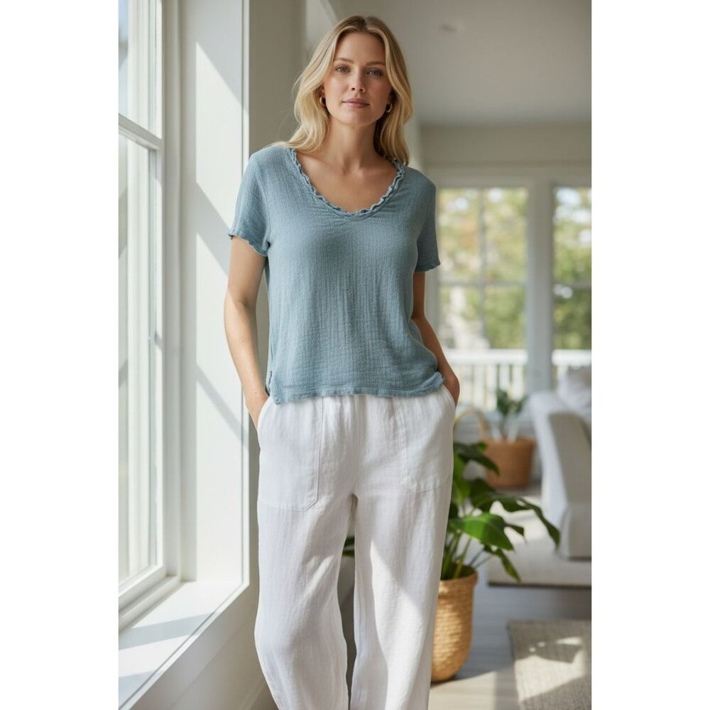 Tempo Paris Linen Top Womens S/M Green Fringe Neck Lagenlook Coastal Boho Beachy